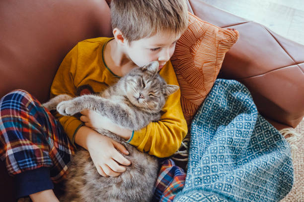 istock Kid portrait with cat at home 1367133155