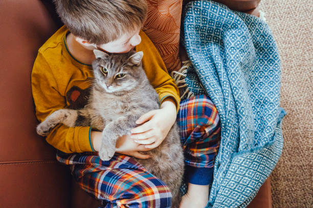 istock Kid portrait with cat at home 1367133175