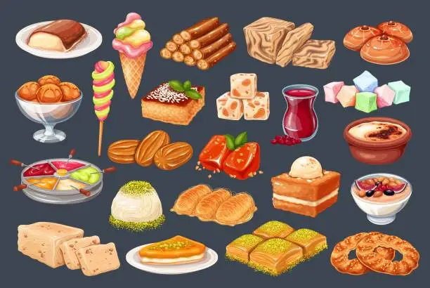 Vector illustration of Turkish cuisine traditional dishes