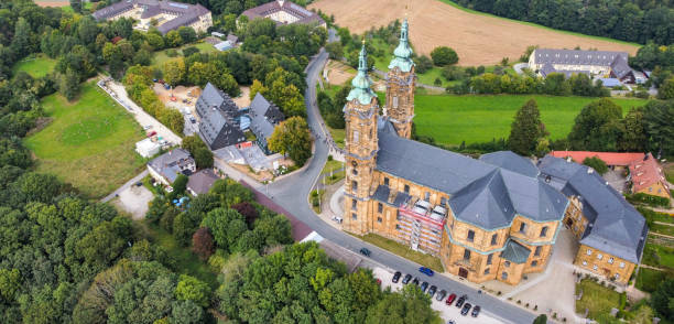 Panoramic aerial view of the Basilica of the Fourteen Holy Helpers in Bavaria Panoramic aerial view of the Basilica of the Fourteen Holy Helpers in Bavaria bad staffelstein stock pictures, royalty-free photos & images