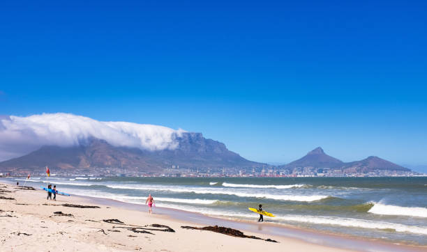 People including a surfer enjoy the beach north of Cape Town, South Africa, with Table Mountain rising magnificently in the background Cape Town, South Africa - January 25, 2022: The world-famous landmark of Table Mountain, with the city of Cape Town nestled at its foot, rises above the sea in Table Bay as surfers and a bare-chested man enjoy the beach. The mountain is shrouded by a typical bank of cloud known to locals as the tablecloth. table mountain and the tablecloth stock pictures, royalty-free photos & images