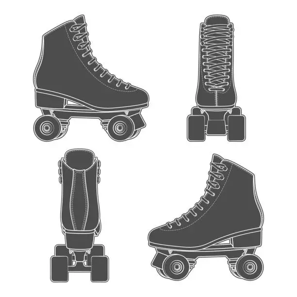 Vector illustration of Set of black and white images with rollers, roller quads. Isolated vector objects.