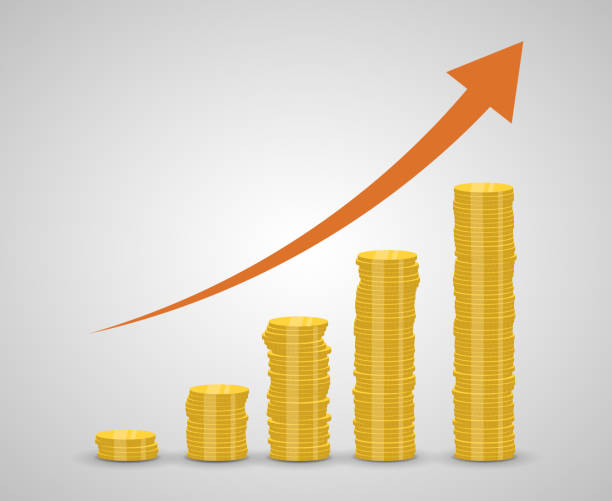 stos monet rosnących i strzały - koncepcja wzrostu pieniądza i inwestycji - stacking balance moving up recovery stock illustrations