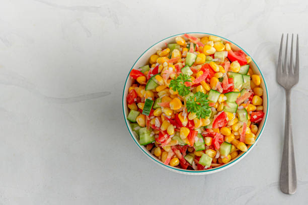 Sweet Corn Salad i n a Bowl Directly Above Photo Healthy Sweet Corn Salad, Mexican Food, Diet Food corn salad stock pictures, royalty-free photos & images