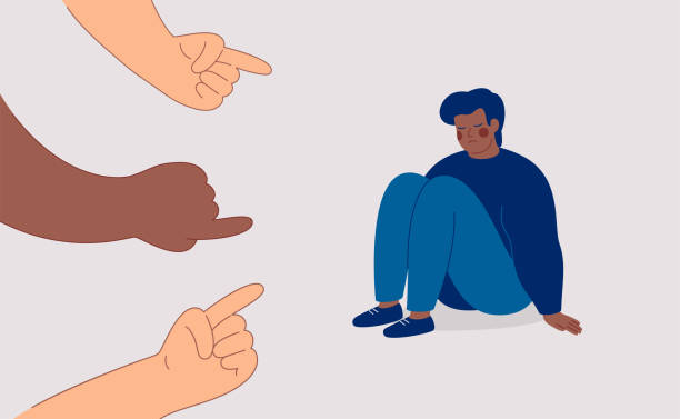 Sad black man suffers from psychological abuse. Depressed African American man surrounded by big aggressive hands pointing at him. Sad black man suffers from psychological abuse. Depressed African American man surrounded by big aggressive hands pointing at him. Public censure and victim-blaming. Bullying concept. Vector slander stock illustrations