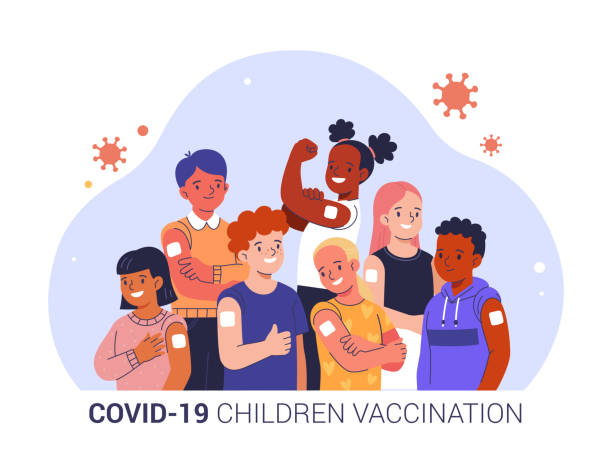 COVID-19 Children Vaccination concept. Vector cartoon illustration of diverse smiling school-age children in casual clothes with patches on their shoulders, standing together. Isolated on background child stock illustrations