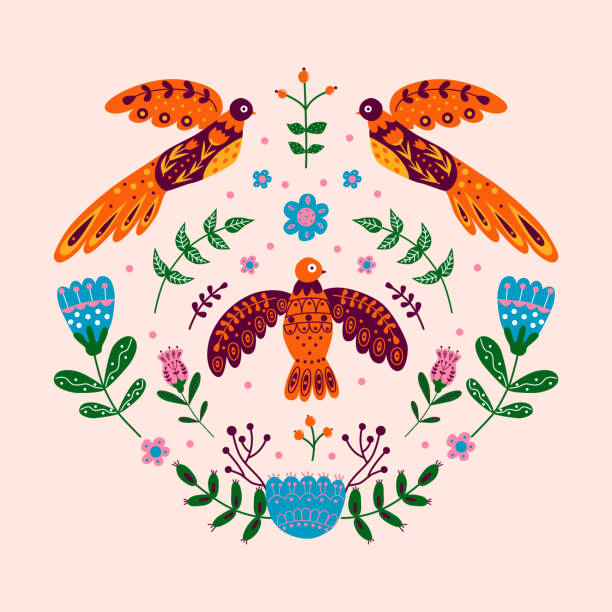 Vector ornament with various birds, flowers and leaves with different folk compositions. Motif in scandinavan style. Ethnic flat illustration with nordic detailed in trendy colors Vector ornament with various birds, flowers and leaves with different folk compositions. Motif in scandinavan style. Ethnic flat illustration with nordic detailed in trendy colors. slavic culture stock illustrations