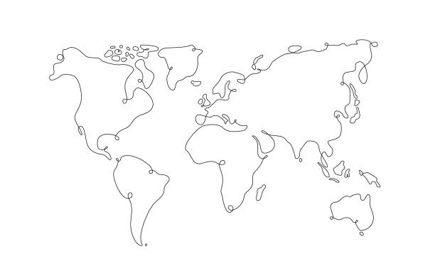 ラインアートの世界地図。連続線地球マップ。ベクトルイラストの地理。単一ラインアジアとヨーロッパ。 - ウッチ点のイラスト素材／クリップアート素材／マンガ素材／アイコン素材