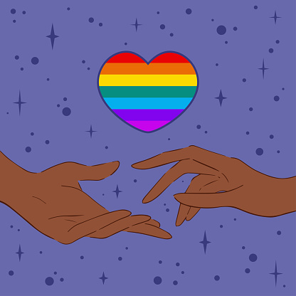 Vector banner with crop hands and heart shaped rainbow flag. Vector illustration of hands reaching out to each other under heart with LGBT rainbow flag against purple background. Vector illustration