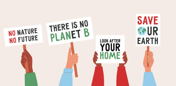 Hands holding protest banners Hands holding protest banners. Save planet concept. Banners with call for nature conservation. Flat vector illustration climate protest stock illustrations