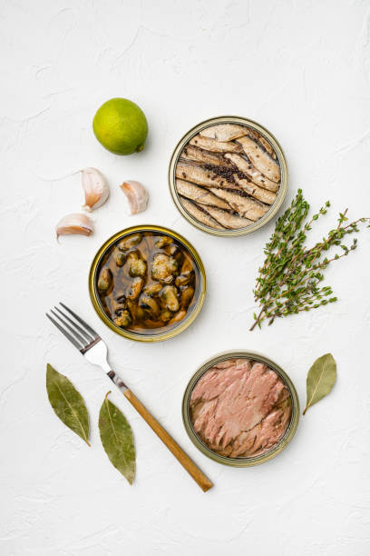 istock Opened cans conserve with tuna mussel, sprats, on white stone table background, top view flat lay 1367146102