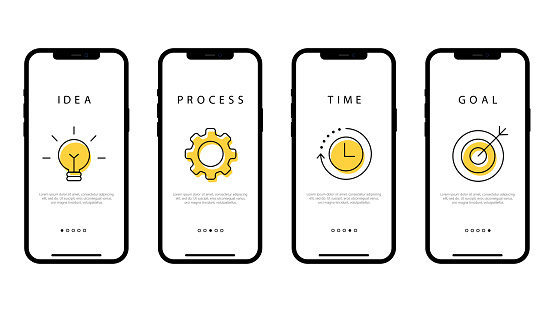 Business strategy. A step-by-step plan for a business in a smartphone. Idea, process, time and purpose. Vector illustration