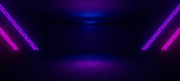 istock Abstract space in futuristic corridor background, fluorescent ultraviolet light, mirror lines laser neon lines, geometric endless tunnel, 3d illustration, blue pink spectrum 3D Render 1367146970