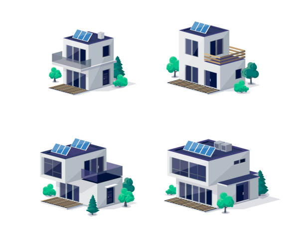 ilustraciones, imágenes clip art, dibujos animados e iconos de stock de ilustración de edificios de casas familiares modernas con paneles solares - b4