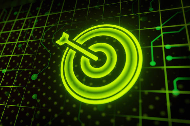 Darts target. Success Business Concept. Target hit in center by arrows, future technology. Business target digital technology futuristic background