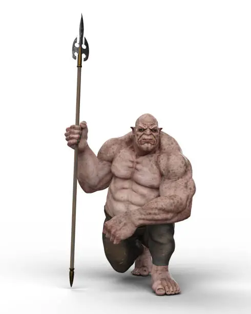 Photo of 3D rendering of a giant ogre fantasy creature kneeling with a spear in his right hand isolated on a white background.