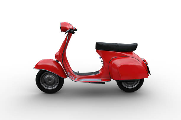 istock Side view 3D illustration of a red generic motor scooter isolated on a white background. 1367148893