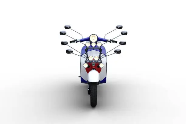Photo of Front view 3D illustration of a white, red and blue motor scooter with multiple wing mirrors and lights isolated on a white background.