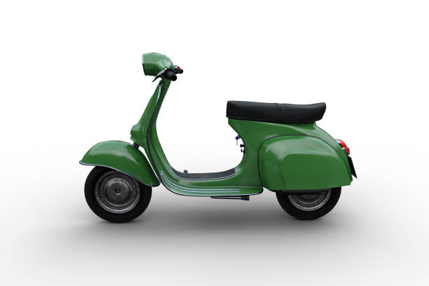 istock Side view 3D illustration of a green generic motor scooter isolated on a white background. 1367148930
