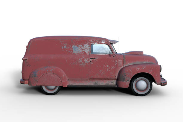 istock Side view 3D rendering of an old vintage American panel van with faded and peeling red paintwork isolated on white background. 1367148933