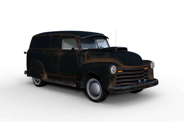 istock 3D rendering of an old black retro American panel van isolated on white background. 1367149301