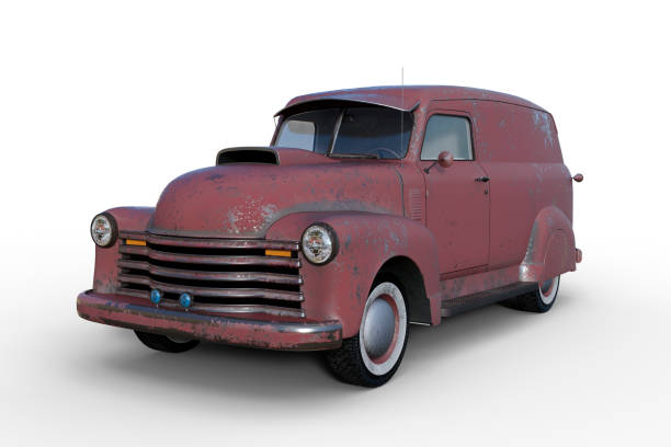 istock 3D rendering of an old vintage American panel van with faded and peeling red paintwork isolated on white background. 1367149446