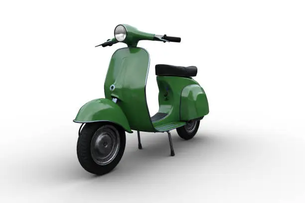 Photo of 3D illustration of a generic unbranded green motor scooter isolated on a white background.