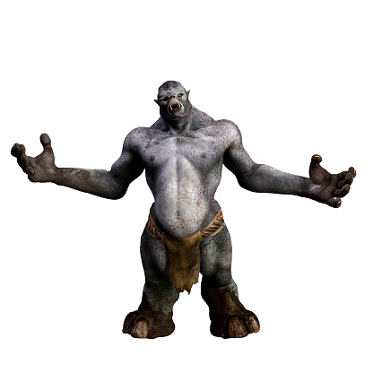 Fantasy mythical troll creature from Scandinavian folklore standing with arms spread wide. 3D illustration isolated on a white background.