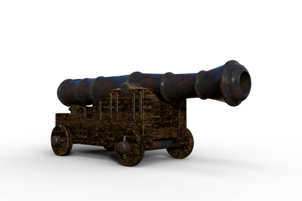 istock 3D illustration of an old fashioned cannon gun from a pirate ship isolated on a white background. 1367149652