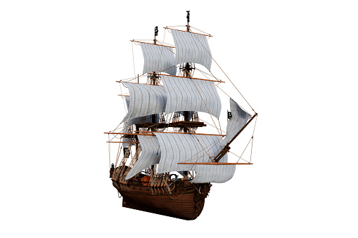 Old wooden pirate sailing ship seen from front perspective. 3D illustration isolated on a white background.