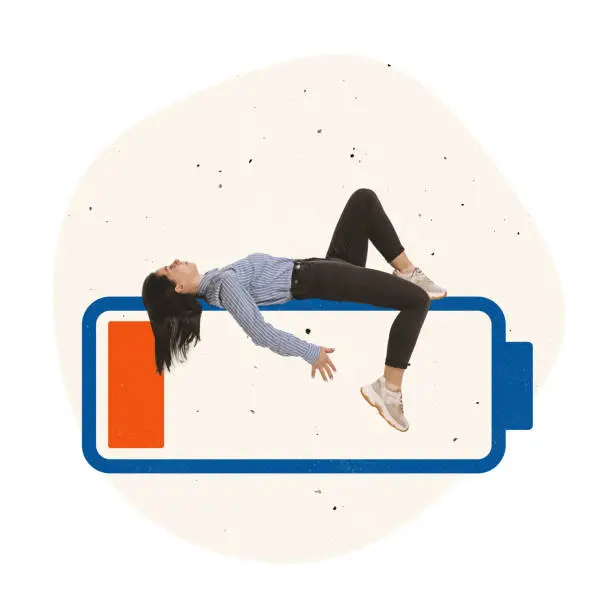 Photo of Contemporary art collage. Office worker, employee lying on low battery symbolizing tiredness