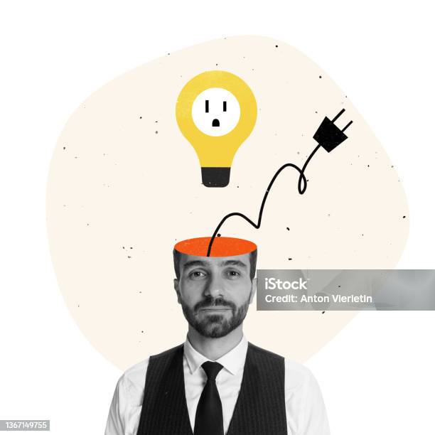 Contemporary Art Collage Business Design Of Motivated Employee With Lighbulb Appearing From Head Stock Photo - Download Image Now