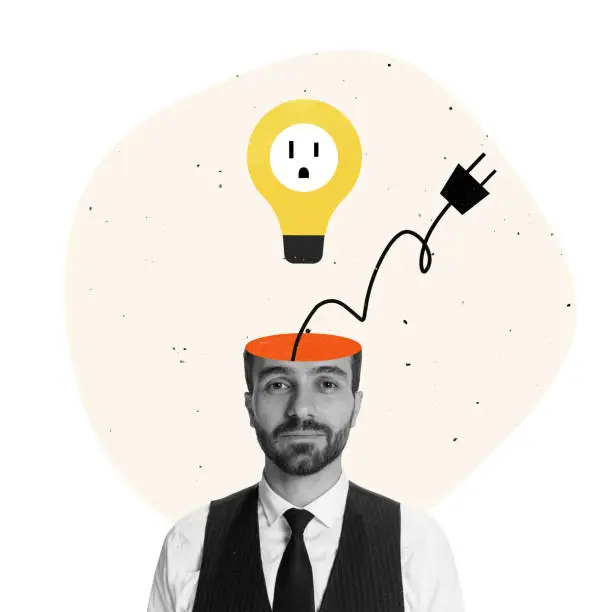 Photo of Contemporary art collage. Business design of motivated employee with lighbulb appearing from head