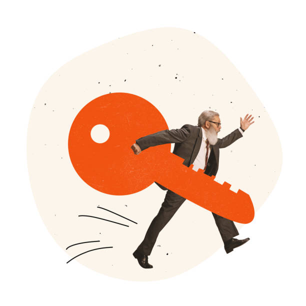 istock Contemporary art collage. Worker, businessman holding gian key symbolizing data security 1367149759