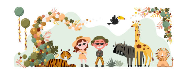 zestaw ilustracji safari dla dzieci - safari animals safari giraffe animals in the wild stock illustrations