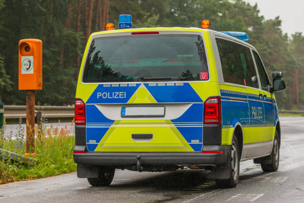 istock Police car sideways from behind on the highway 1367151668