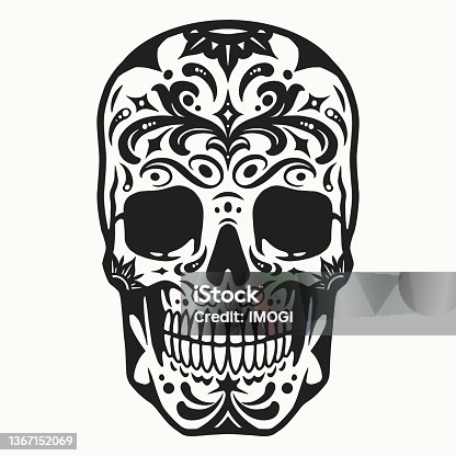istock Macabre skeleton skull with drawings 1367152069