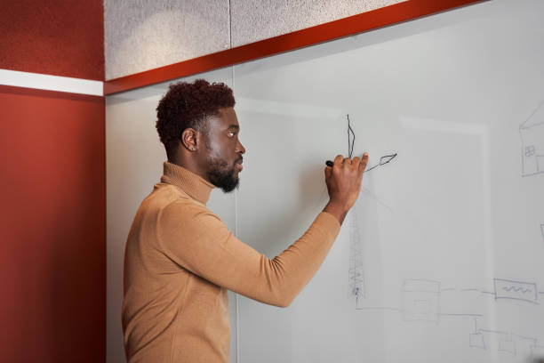 istock Young multiracial guy standing in front of partners and writing 1367152511