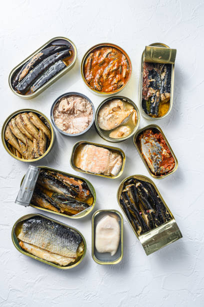 istock Opened preserve cans with  Saury, mackerel, sprats, sardines, pilchard, squid, tuna over white textured stone  table flat lay overhead view vertical 1367153136