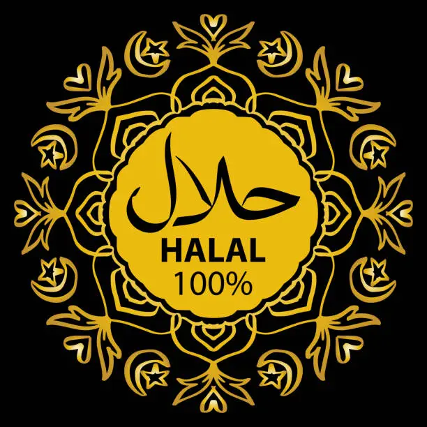 Vector illustration of Halal, sticker or label gold color with mandala