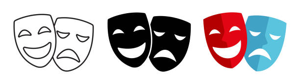 Theatrical masks vector icon. Tragedy and comedy masks. Three version of line black and white and colorful masks isolated. Theatrical masks vector icon. Tragedy and comedy masks. Three version of line black and white and colorful masks isolated. tragedy mask stock illustrations