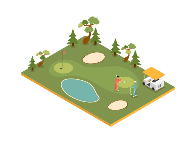 ilustrações de stock, clip art, desenhos animados e ícones de golf isometric vector - sports flag high angle view putting sand