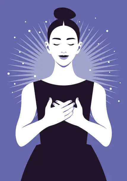 Vector illustration of Asian smiling woman with hands on her chest. Grateful gesture
