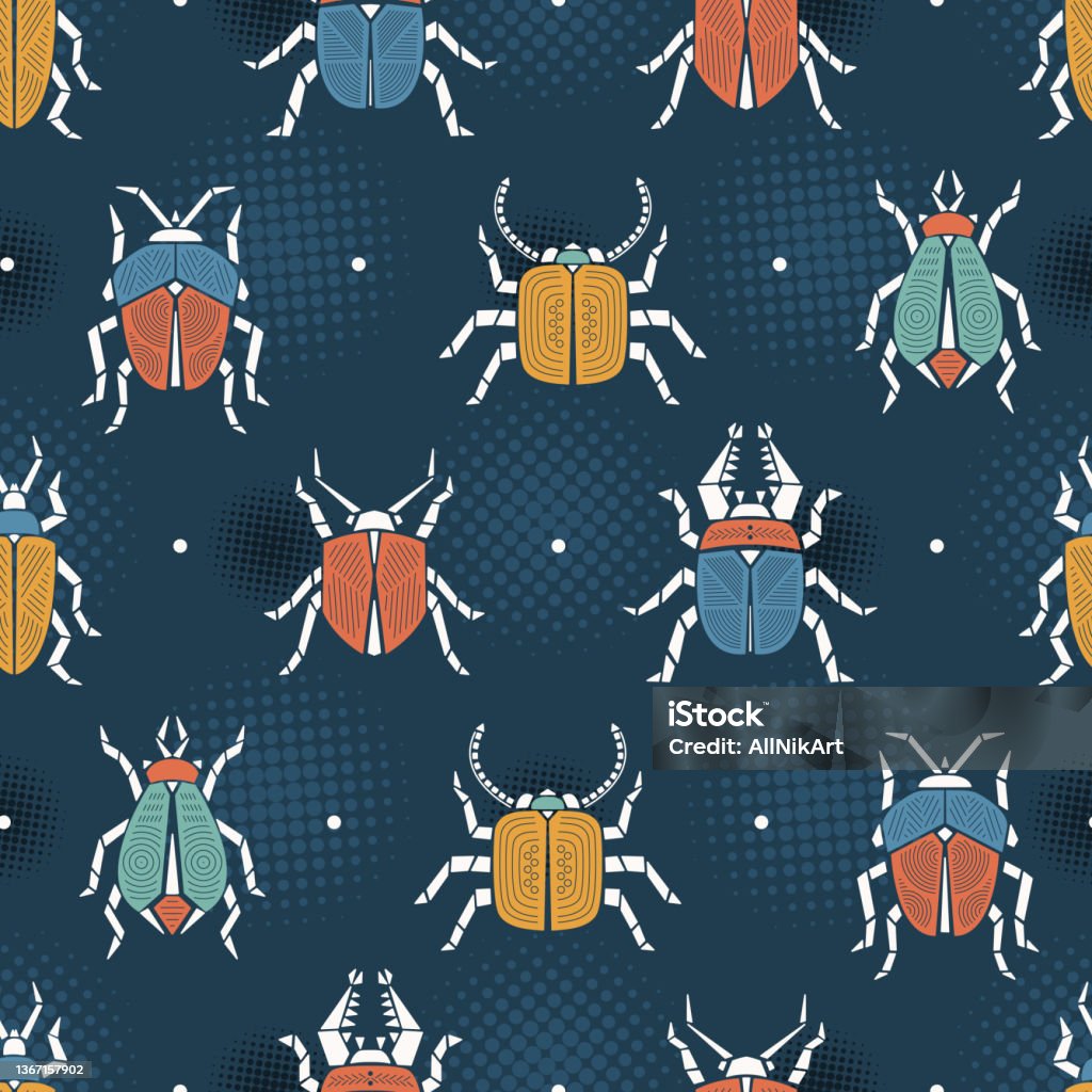 Bug Pattern Blue Background Geometric Bugs Halftone Retro Seamless Pattern Colorful Beetles ...