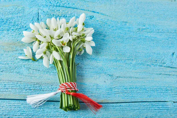 Bouquet of snowdrops on a blue background. gift for March 8, mother's day.
