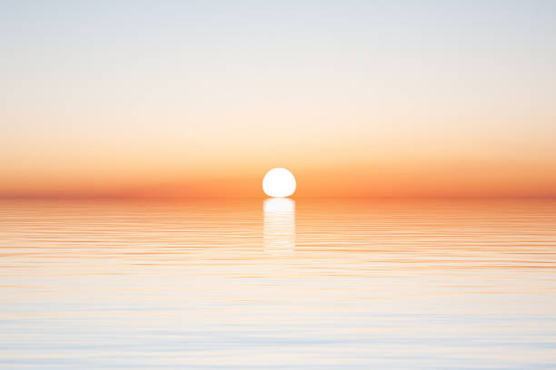 Sun on horizon over water surface with waves on clear blue sky close-up view, simple beautiful sunrise or sunset calm landscape, natural background, 3d illustration