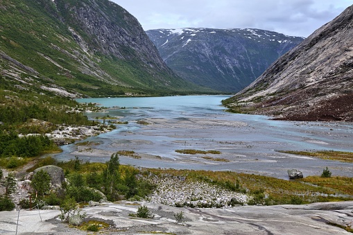 Norway nature. Jostedalsbreen National Park - Nigardsbrevatnet glacial river and lake.