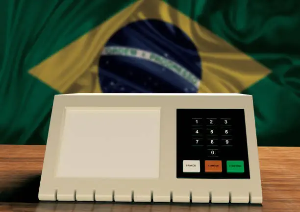 Electronic ballot box used in Brazil elections with Brazilian flag in the background. 3D rendering