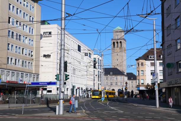 Public transportation electric tram in Muelheim An Der Ruhr, a major city in the state of North Rhine-Westphalia.