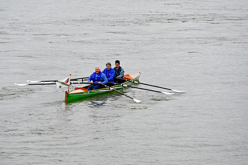 Neuss, Germany, January 24, 2022 - Three unidentified rowers from Neuss rowing club on the river Rhine in the background the Duesseldorf Rheinturm